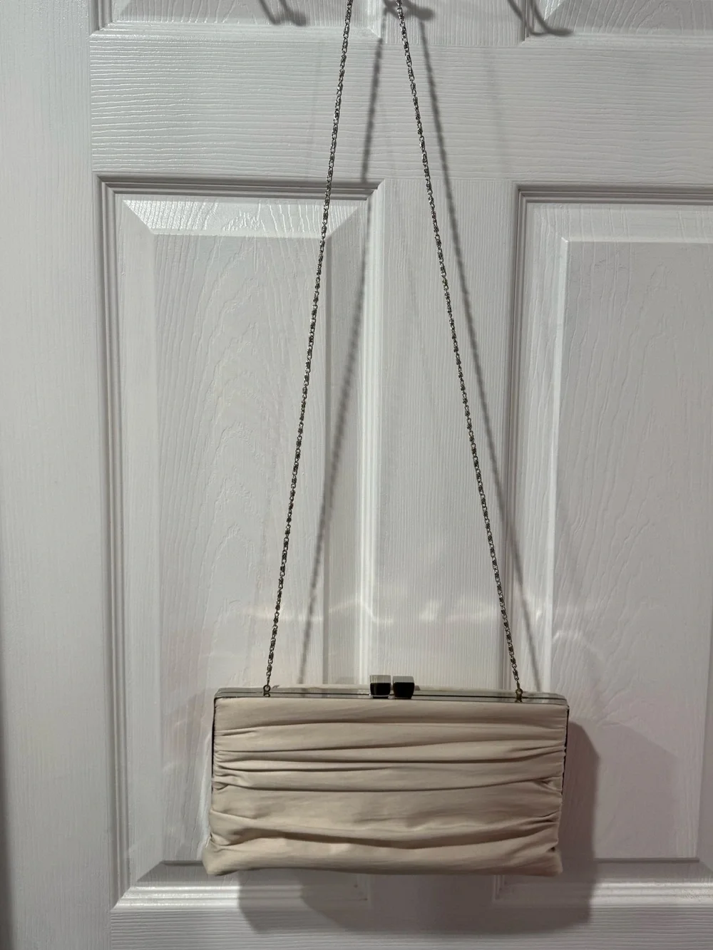 Lulu Townsend Elegant Cream Ruched Evening Clutch with Chain Strap